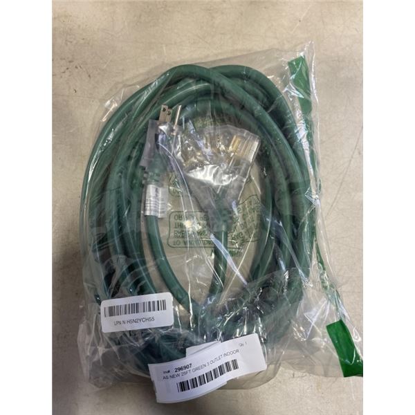 AS NEW 25FT GREEN 3 OUTLET INDOOR OUTDOOR HEAVY DUTY LIGHTED 3 WIRE GROUNDED EXTENSION CORD 12AWG