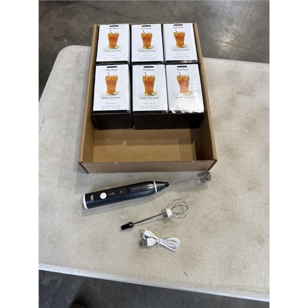 NEW EPICURE AIR WAND RECHARGEABLE TYPE C FROTHER / MIXER, AND 6 BOXES OF HERBAL TEA BLEND, 20 BAGS P