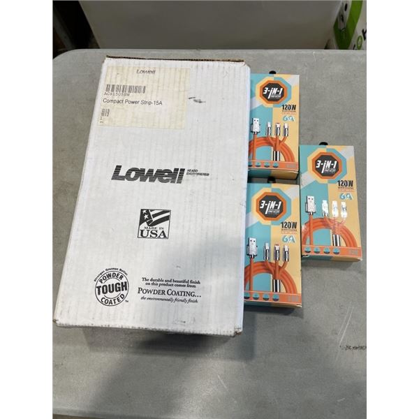 NEW LOWELL POWER BAR WITH 3 TRIPLE OPTION CHARGING CORDS