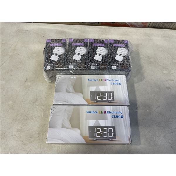 2 NEW SURFACE LED CLOCKS AND SET OF 4 NEW CFL BULBS