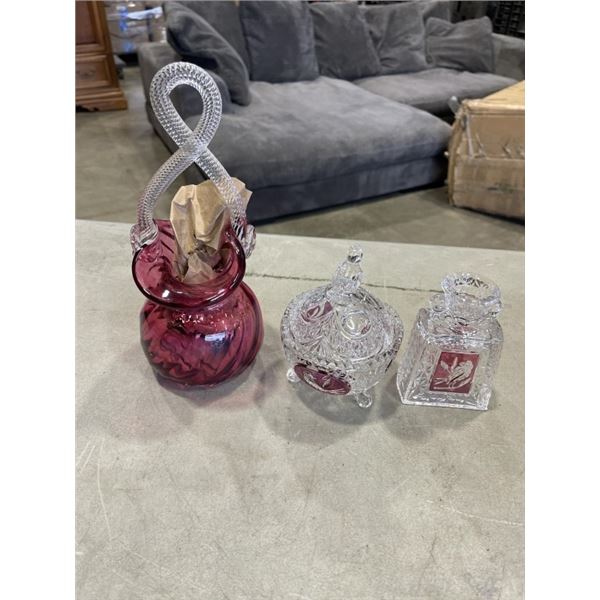 VINTAGE HOFBAUER BRYDES COLLECTION GLASS CANDLE STICK HOLDER, LIDDED CANDY DISH AND VINTAGE ROSSI CR