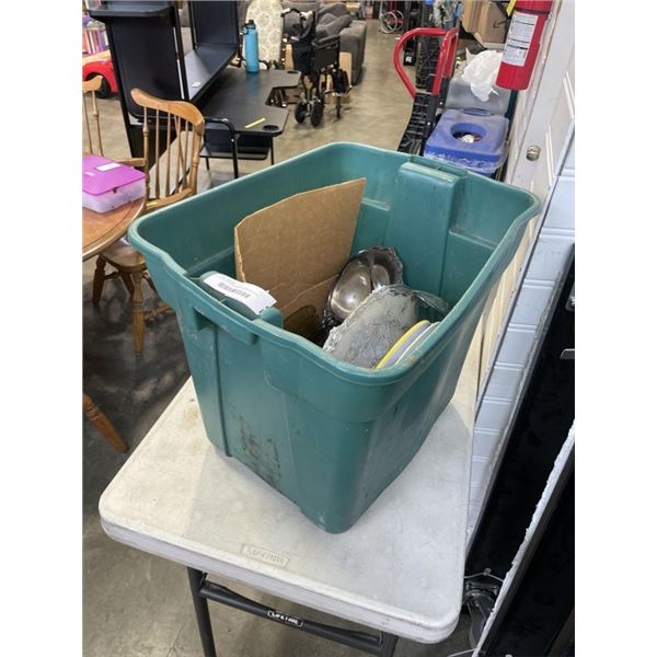 TOTE OF BRASS DISHES, CARNIVAL GLASS PLATES, AND SERVING PLATTERS