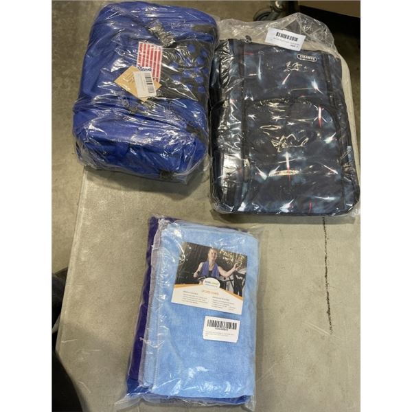 NEW BACKPACK, NEW DUFFEL BAG AND SET OF MICROFIBRE TOWLES