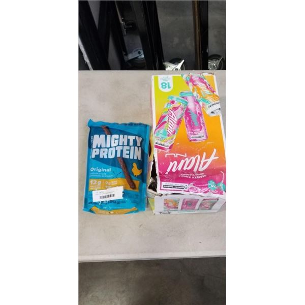CASE OF ALANI ENERGY DRINKS AND MIGHTY PROTEIN CHICKEN STICKS