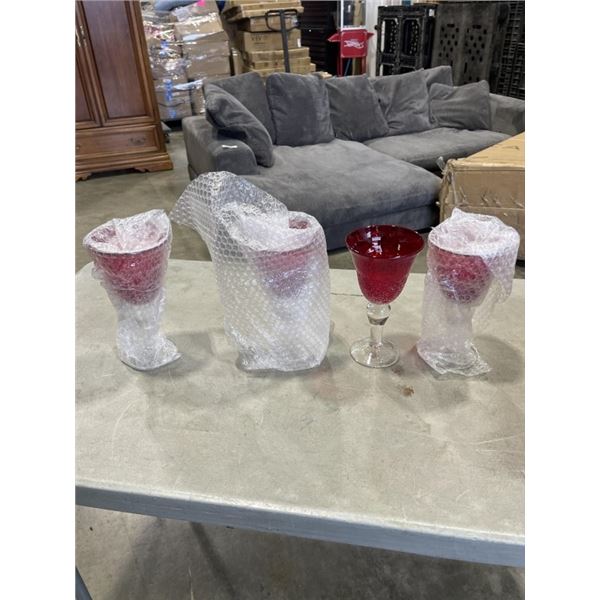 SET OF 4 ARTLAND IRIS RUBY RED BUBBLE GLASS GOBLETS