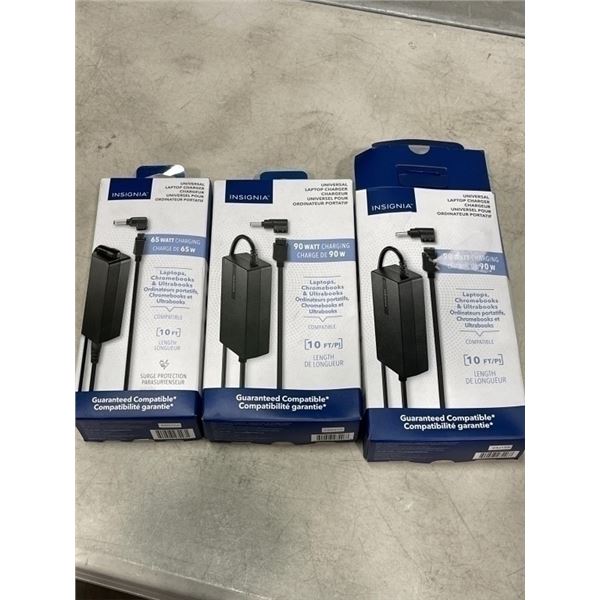 TWO INSIGNIA 90W UNIVERSAL LAPTOP CHARGER AND ONE 65W UNIVERSAL LAPTOP CHARGERS
