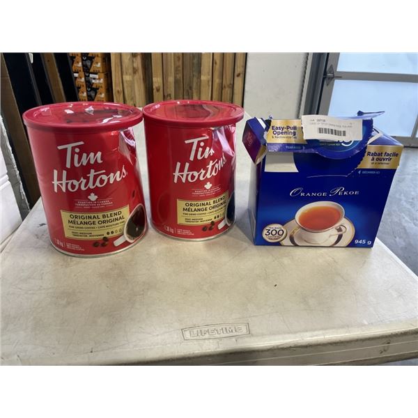 CASE OF TETLEY ORANGE PEKOE TEA AND 2 TIM HORTONS TINS OF COFFEE, FREIGHT DAMAGED, SEAL BROKEN