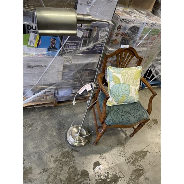 ANTIQUE ARMCHAIR AND CHROME FLOOR LAMP