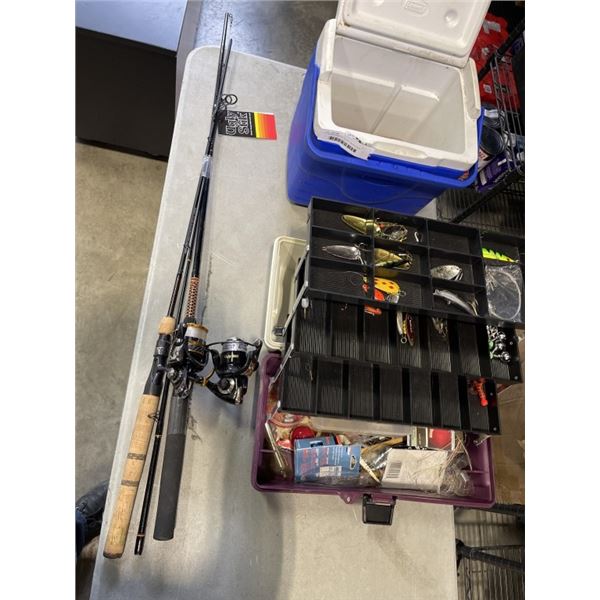 2 FISHING RODS W/ REELS, TACKLE BOX, AND COOLER