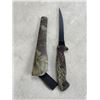 Image 2 : 2 NEW 6 INCH CAMO FILET / HUNTING KNIFE WITH SHEATH AND SHARPENER, 12 INCH OVERALL LENGTH