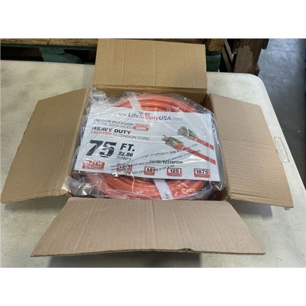 AS NEW 75FT ORANGE  INDOOR OUTDOOR HEAVY DUTY LIGHTED 3 WIRE GROUNDED EXTENSION CORD 12AWG