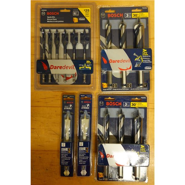 Qty 2 Bosch NKST5003 Auger Bit Sets, DSB5006 Spade Bits & 2 Nail Strike Wood Bits New in Packages
