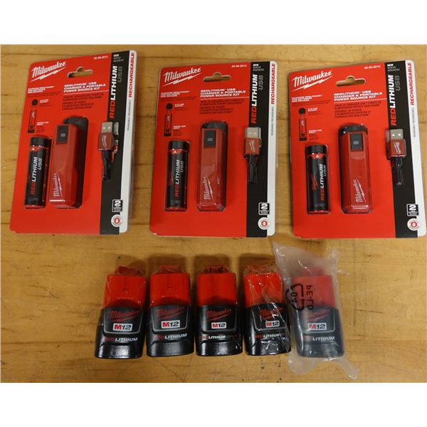 Qty 3 Milwaukee 48-59-2013 USB Charger & Portable Power Source Kits w/ 5 @ 48-11-2401 Batteries
