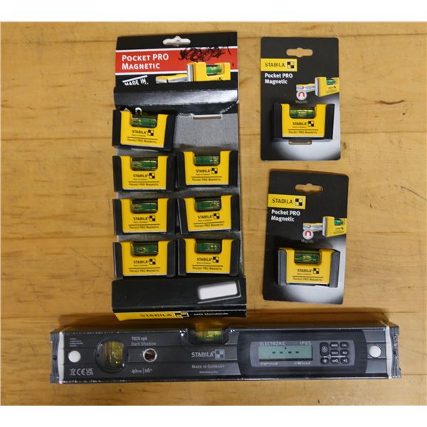 Qty 9 Stabila Pocket Pro Magnetic Levels & Tech196 Dark Shadow Level, New