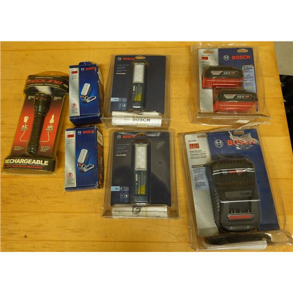 Multiple Bosch Cordless Work Lights, Batteries & Charging Accessories