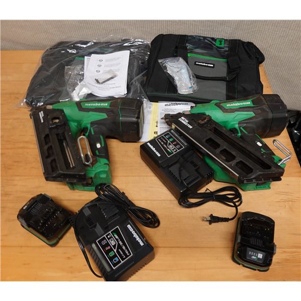 Qty 2 Used Metabo HPT NR3665DA Metal Connector Nailers w/ Batteries, Chargers & Bags