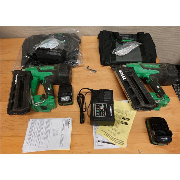 Qty 2 Used Metabo HPT NR3675DD Metal Duplex Nailers w/ Batteries, Chargers & Bags