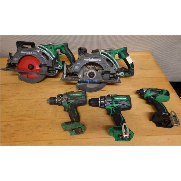 Qty 5 Used Power Tools: 2 Metabo HPT C3607DWA Circular Saws & 2 DV36DA Hammer Drills w/ Hitachi