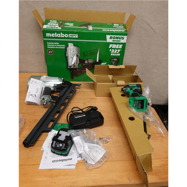 Qty 2 Metabo HPT Power Tools:  WH18DC Impact Driver & NR83A5(S) Strip Nailer w/ Battery & Charger