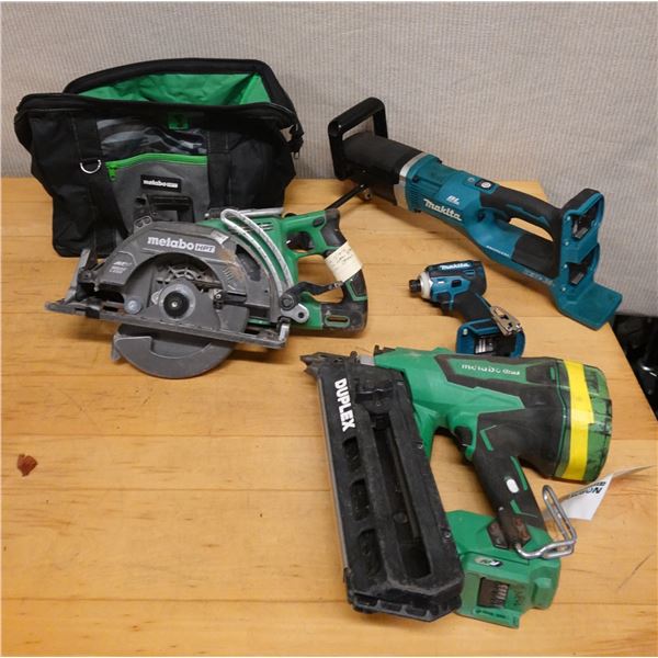 Qty 4 Used Power Tools: Metabo NR6675DD Nailer & C3607DWA Circular Saw, Makita XDT19 Impact Driver