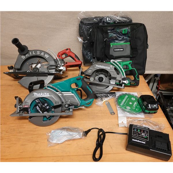 Qty 3 Circular Saws: Metabo HPT, SkilSaw Worm Drive & Makita w/ Charger & Bag, etc (used - works)