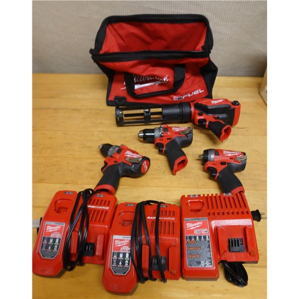 Qty 4 Milwaukee Power Tools: Hammer Drill Drivers, Impact Wrench, Caulk Gun, Chargers, Bags, etc (us