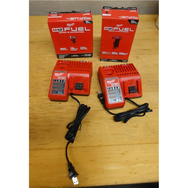 Milwaukee 2552-20 Stubby Impact Wrench, 2485-20 Right Angle Grinder, Chargers Open Box (used - works