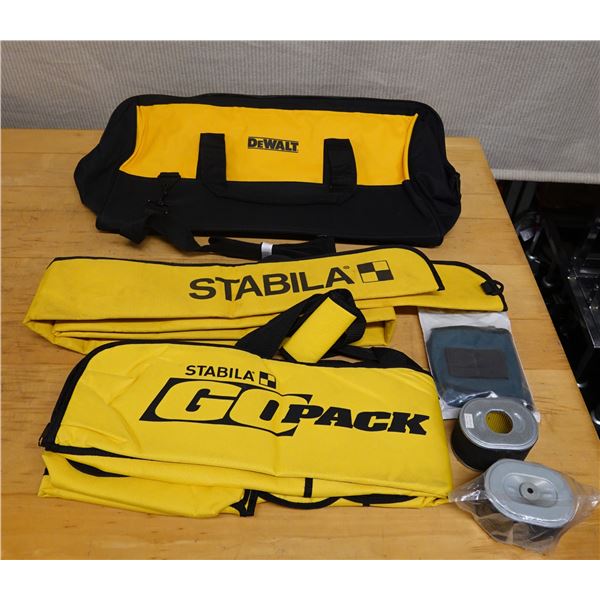 Multiple Stabila Level Cases & Go Packs, DeWalt Tool Bag, Filters, etc