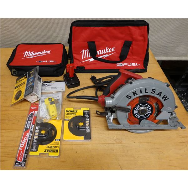 Skilsaw Corded Circular Saw, Oscillating Blades, Shockshield, Sawzall Blades, DeWalt Tracker, Bags, 