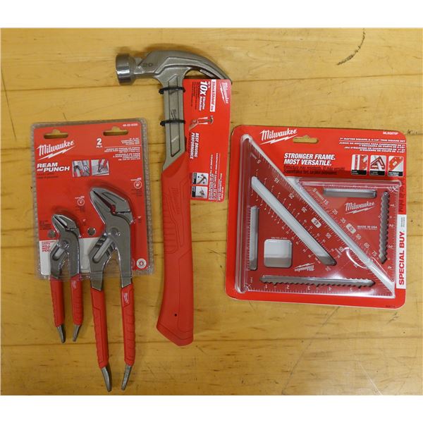 Milwaukee MLSQ070P Rafter/Trim Square, 48-22-9080 Curved Claw Hammer & 48-22-6330 Pliers Set New
