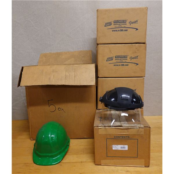Qty Approx. 5 Black ERB Face Shields & 5 Green Helmets New in Box