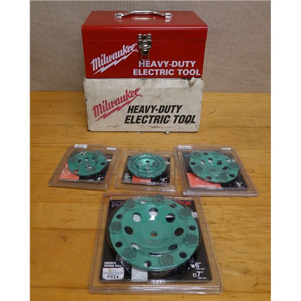 Milwaukee Heavy Duty Electric Toolbox & 4 Pearl Diamond Cup Wheels, Misc Sizes