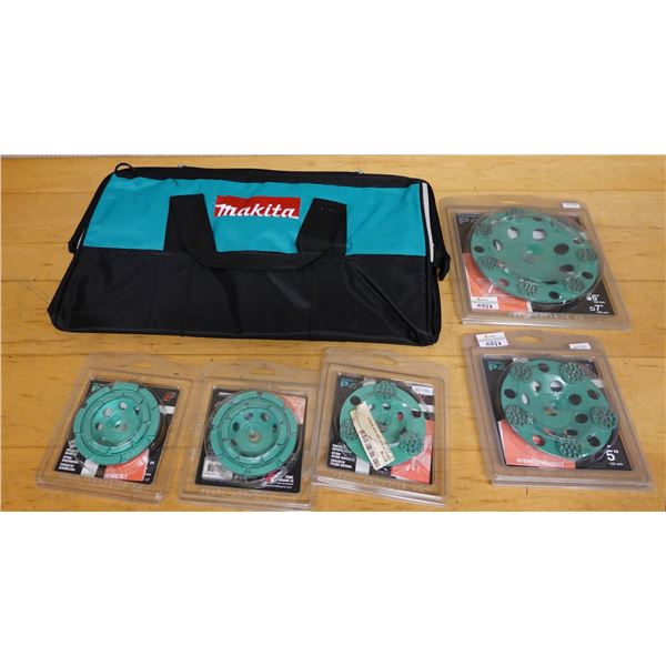 Qty 5 Pearl Diamond Cup Wheels & Makita Bag, Misc Sizes New