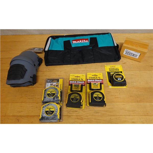Multiple Stabila & Stanley LeverLock & Fat Max Tape Measures, CLC Knee Pads & Makita Bag New