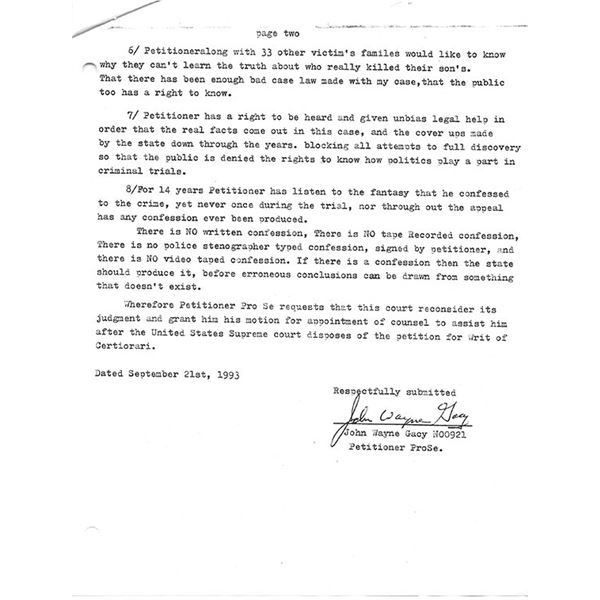 Killer Clown John Wayne Gacy Signed Supreme Court Petition
