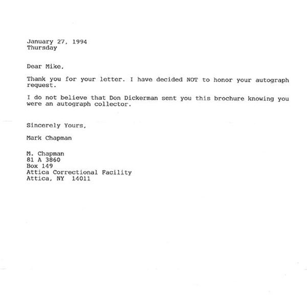 John Lennon Killer Mark David Chapman Typed Letter