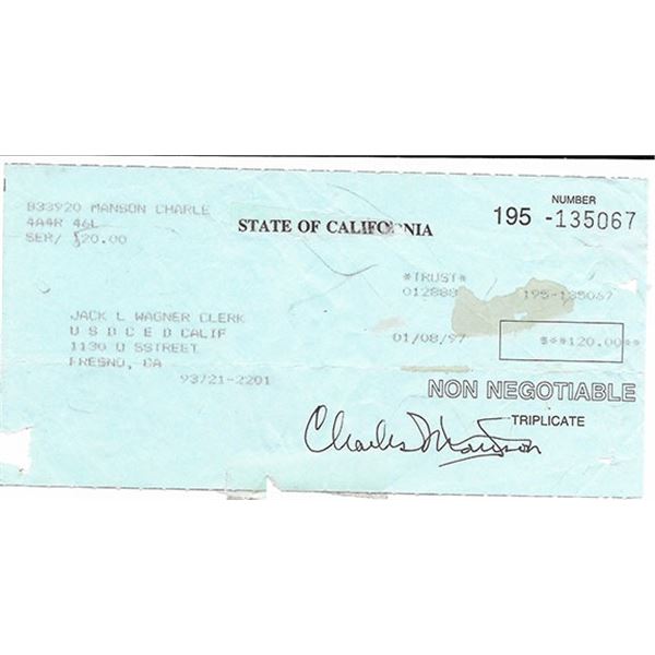 Cult Leader Charles Manson Signed Check