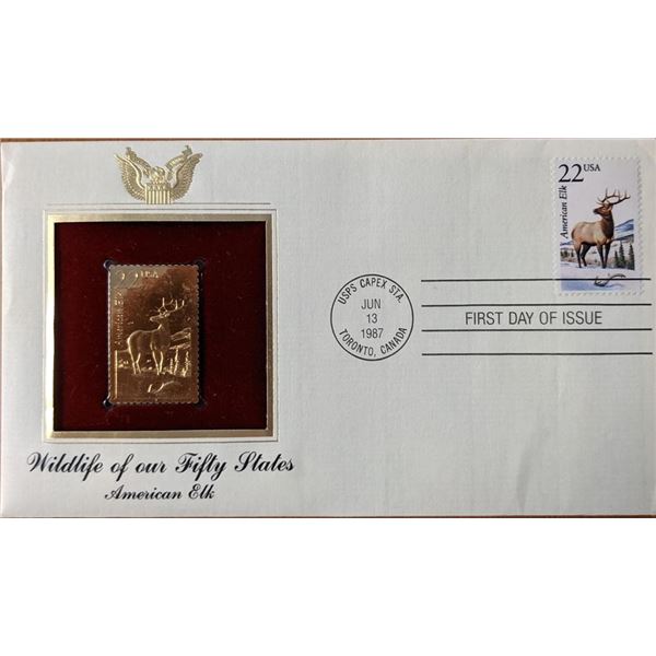 Wildlife of Our Fifty States American Elk Gold Stamp Replica First Day Cover