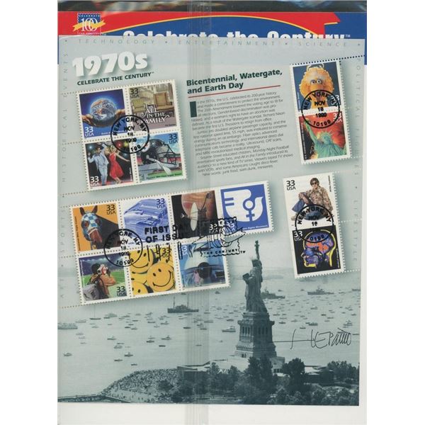 USPS Celebrate The Century 1970s Sheet of Fifteen 33 Cent Stamps. First Day of Issue Cover