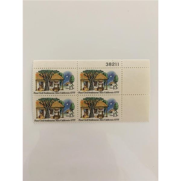 1977 13c First Civil Settlement: Alta, California Plate Block of Stamps
