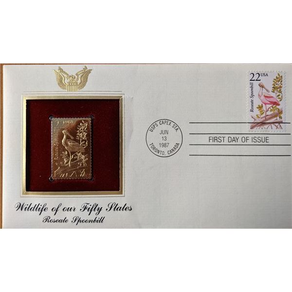 Wildlife Of Our Fifty States Roseate Spoonbill Gold Stamp Replica First Day Cover