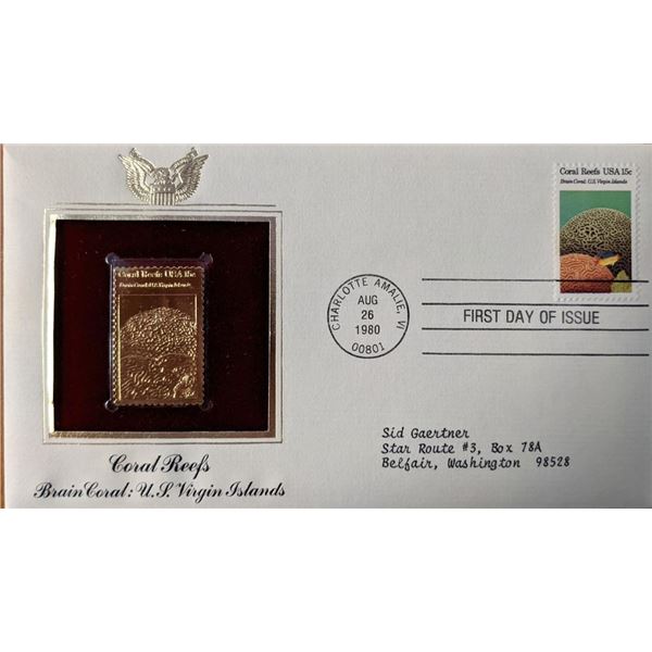 Coral Reefs Brain Coral, US Virgin Islands Gold Stamp Replica Fist Day Cover