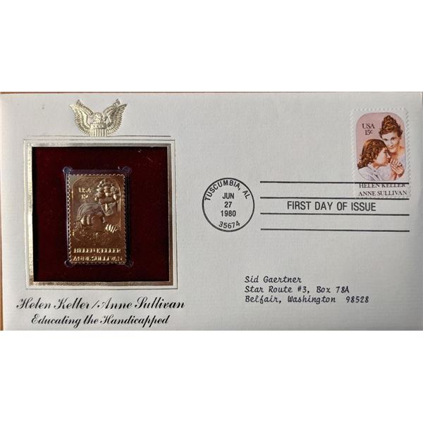 Helen Keller, Anne Sullivan Educating The Handicapped Gold Stamp Replica First Day Cover