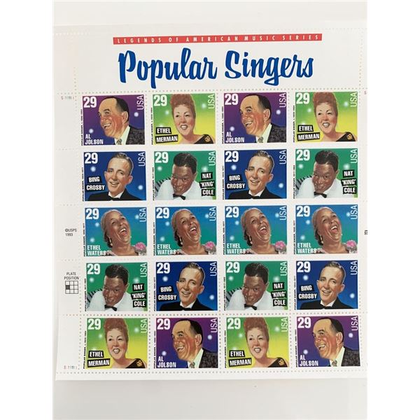USPS Popular Singers Sheet of Twenty 29 Cent Stamps Scott 2849-2853