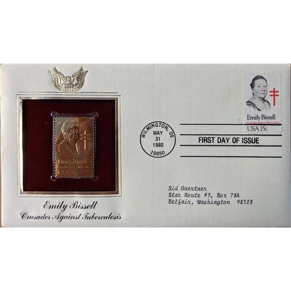Emily Bissell Crusader Against Tuberculosis Gold Stamp Replica First Day Cover