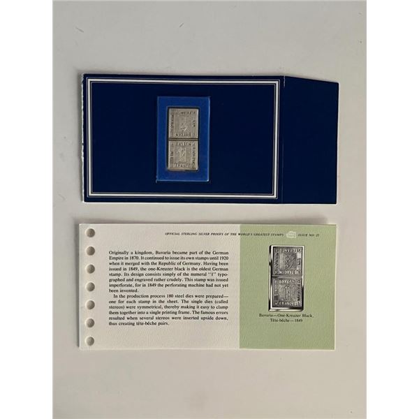 Franklin Mint Sterling Silver 1849 German Bavaria Stamp Plaque Badge Worlds Greatest Stamps Issue NO