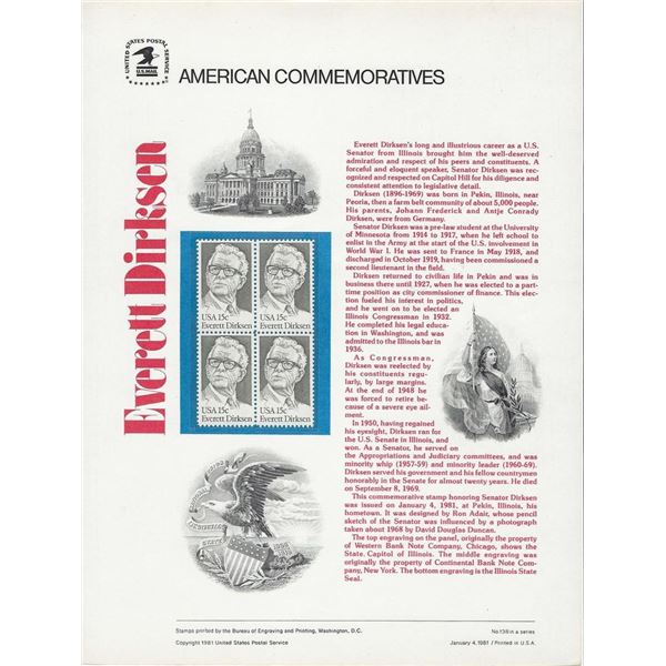 American Commemoratives Everett Dirksen stamp set of four 15 cent stamps
