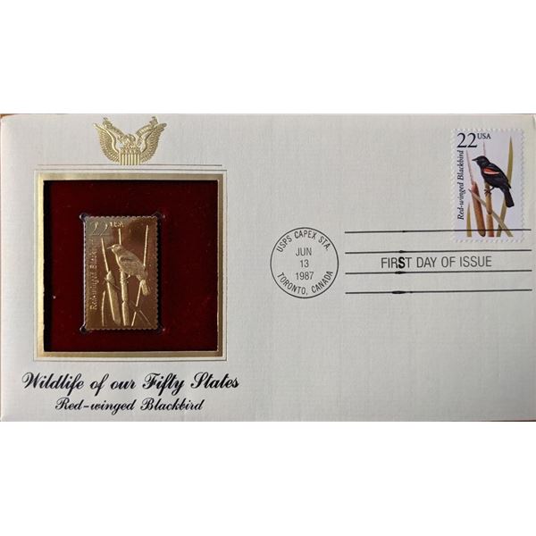 Wildlife Of Our Fifty States Red Winged Blackbird Gold Stamp Replica First Day Cover