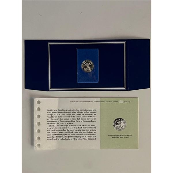 Franklin Mint Sterling Silver 1858 Romania Stamp Plaque Badge Worlds Greatest Stamps Issue NO 8