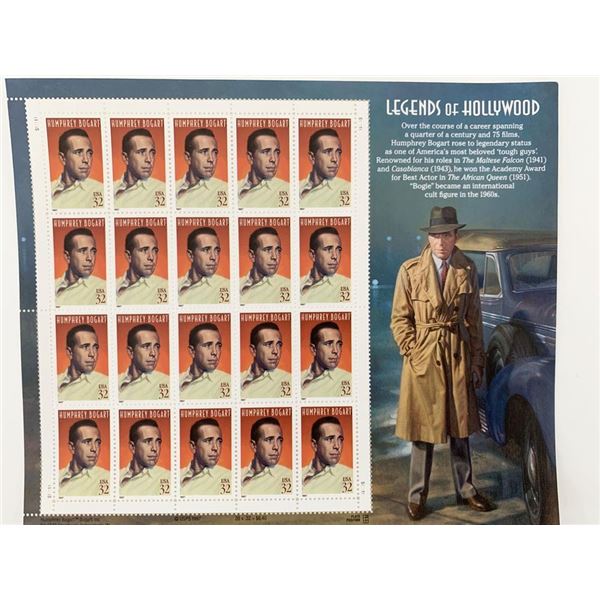 Humphrey Bogart, Legends of Hollywood, Full Sheet of 20 x 32-Cent Postage Stamps, USA 1997, Scott 31